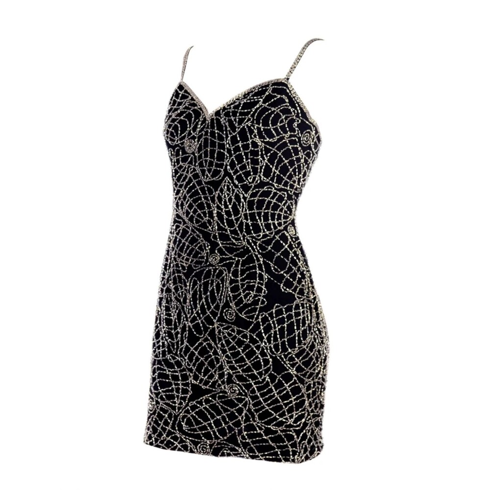 RARE Vintage 90s Moonlite Silk Hand Beaded Mini Bodycon Dress Black XS Glam Rock